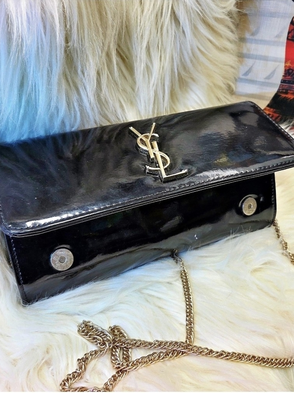 Saint Laurent Black Patent Monogram Chain Wallet